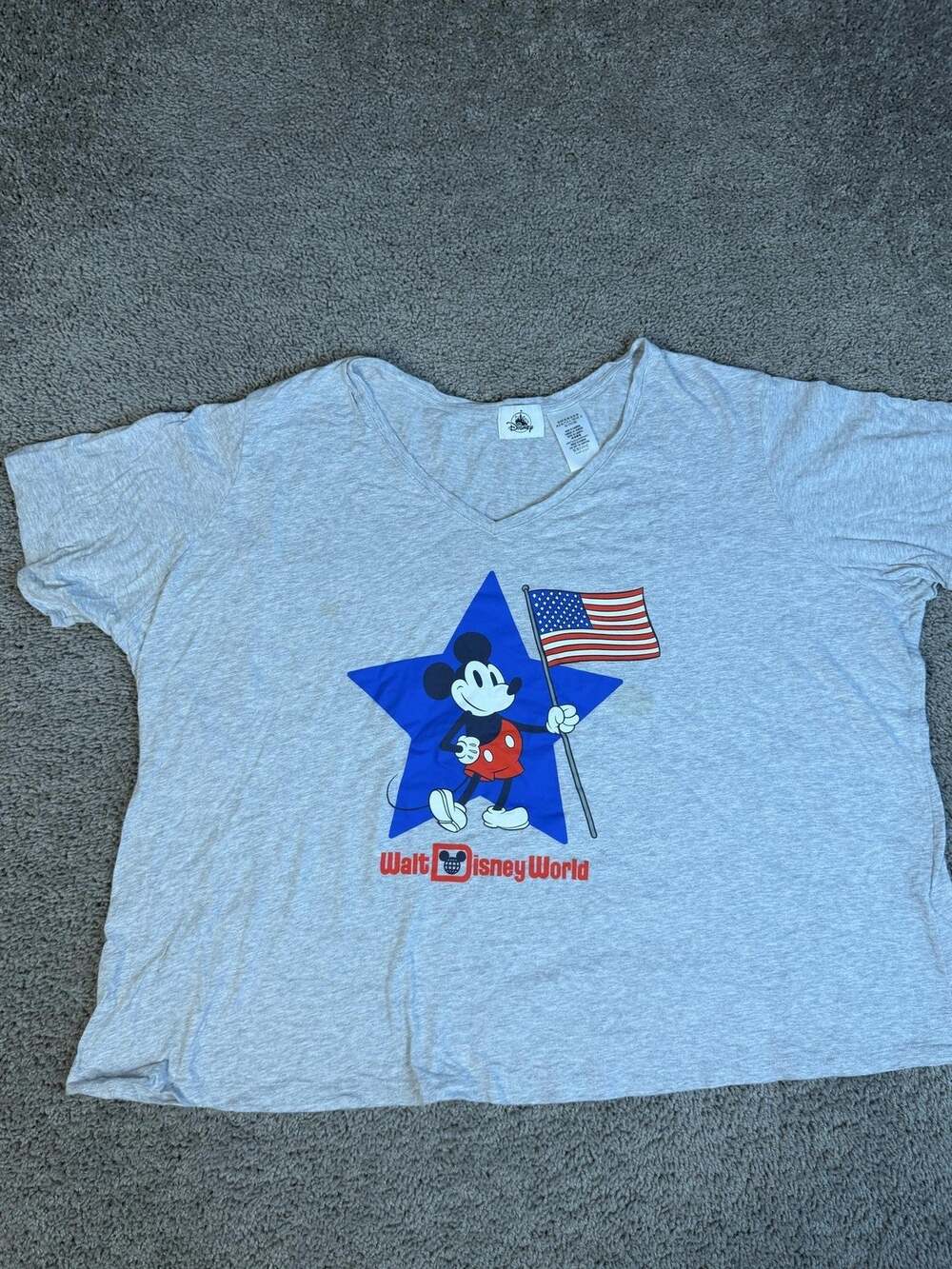 Disney Shirt Womens 3X Gray V-Neck Mickey Mouse 100% Cotton Jersey Relaxed